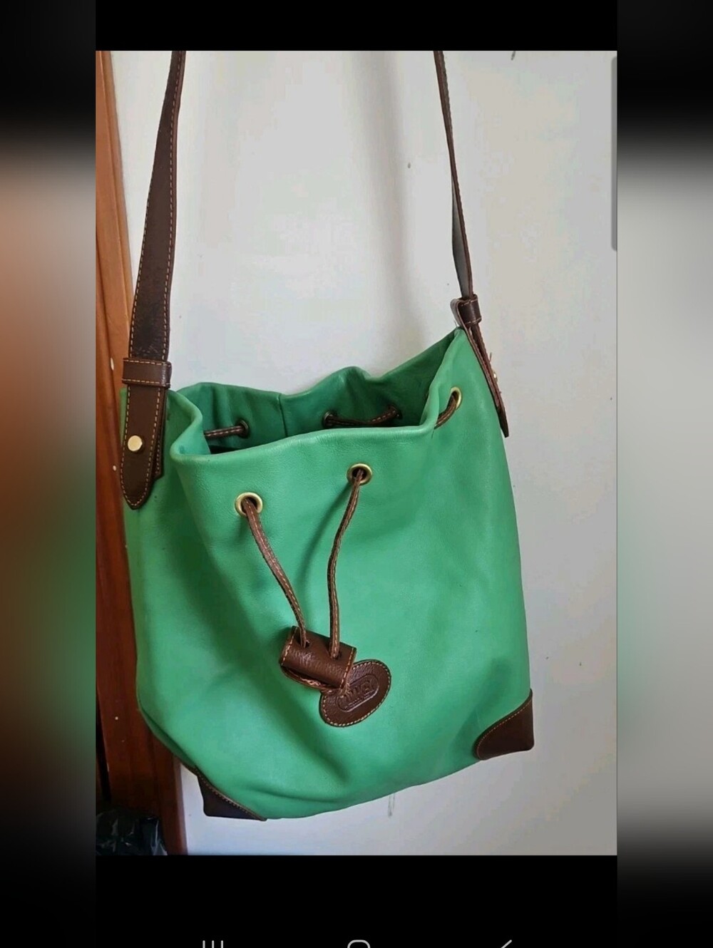 Vintage KIMKEY Green Leather Drawstring Bucket Bag Made In Italy Duffle 12”